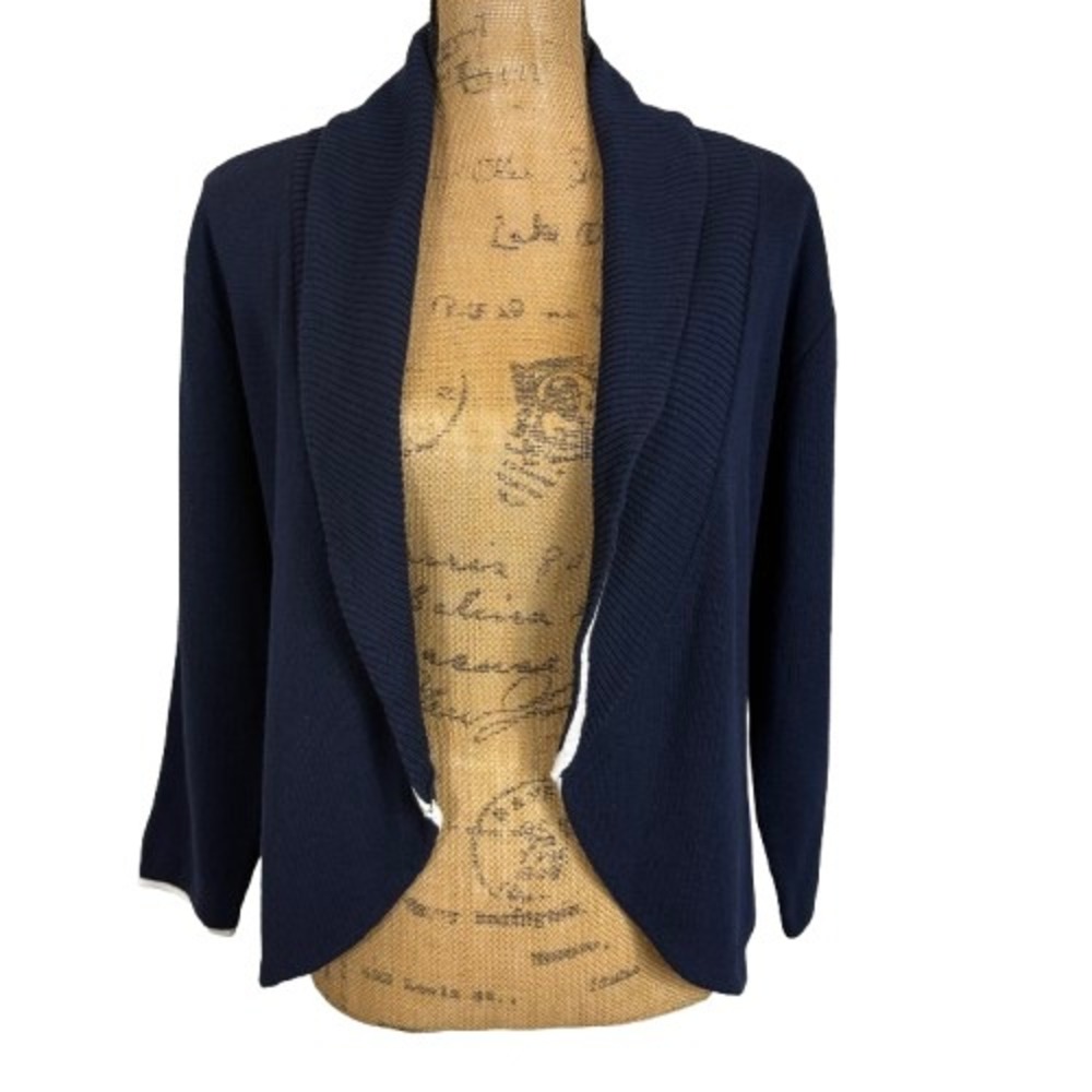 W by Worth Navy Blue Open Front Cardigan Sweater Back Tie Shawl Collar Medium